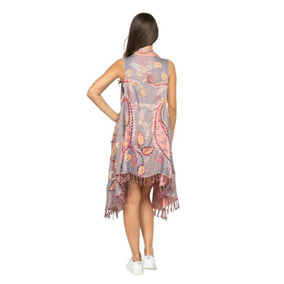 Raj Rosie Vest Embroidered Soft Peach Colorful Embroidery Fringed One Size - Picture 2 of 4